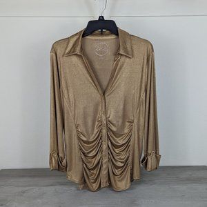 Inc. Womens Long Sleeve Rouched Gold Metallic Button Up Blouse sz XL